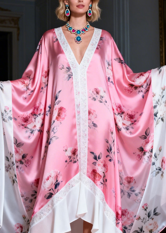 Plus Size Colorblock V Neck Print Patchwork Silk Robe Dresses Summer
