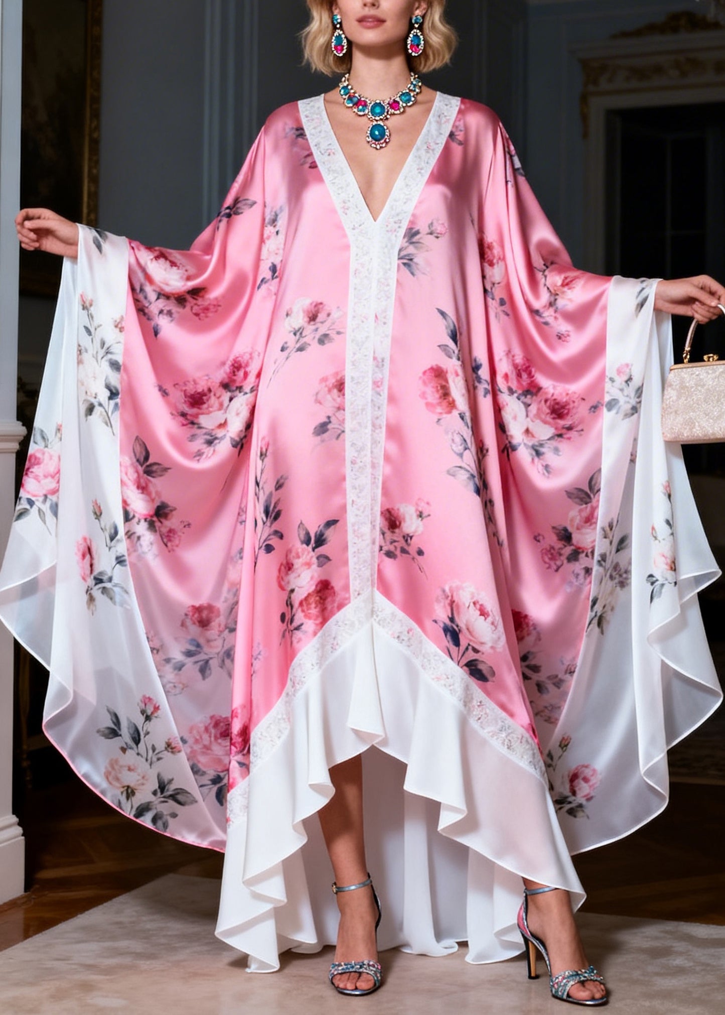Plus Size Colorblock V Neck Print Patchwork Silk Robe Dresses Summer