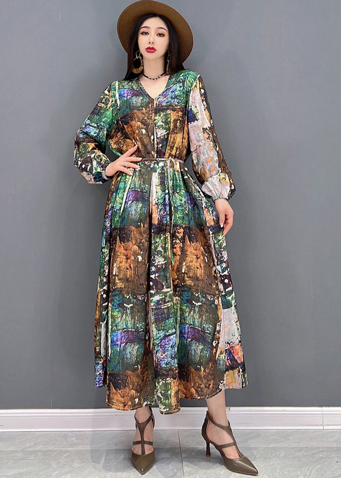 Plus Size Colorblock V Neck Print Tie Waist Chiffon Holiday Dress Long Sleeve