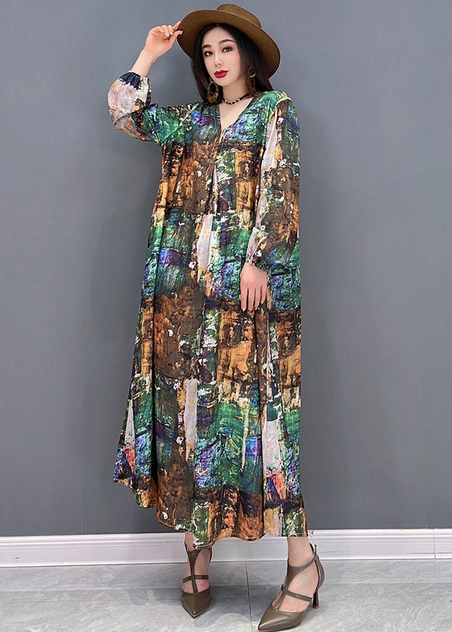 Plus Size Colorblock V Neck Print Tie Waist Chiffon Holiday Dress Long Sleeve