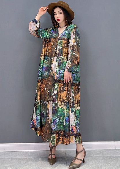 Plus Size Colorblock V Neck Print Tie Waist Chiffon Holiday Dress Long Sleeve