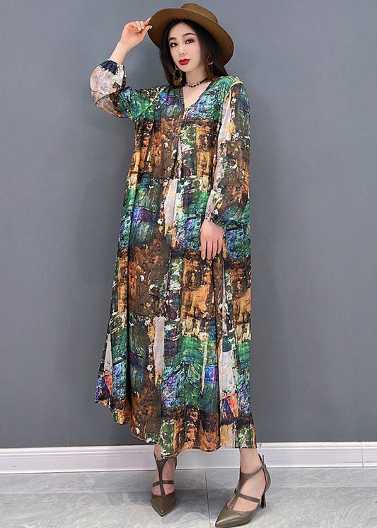 Plus Size Colorblock V Neck Print Tie Waist Chiffon Holiday Dress Long Sleeve