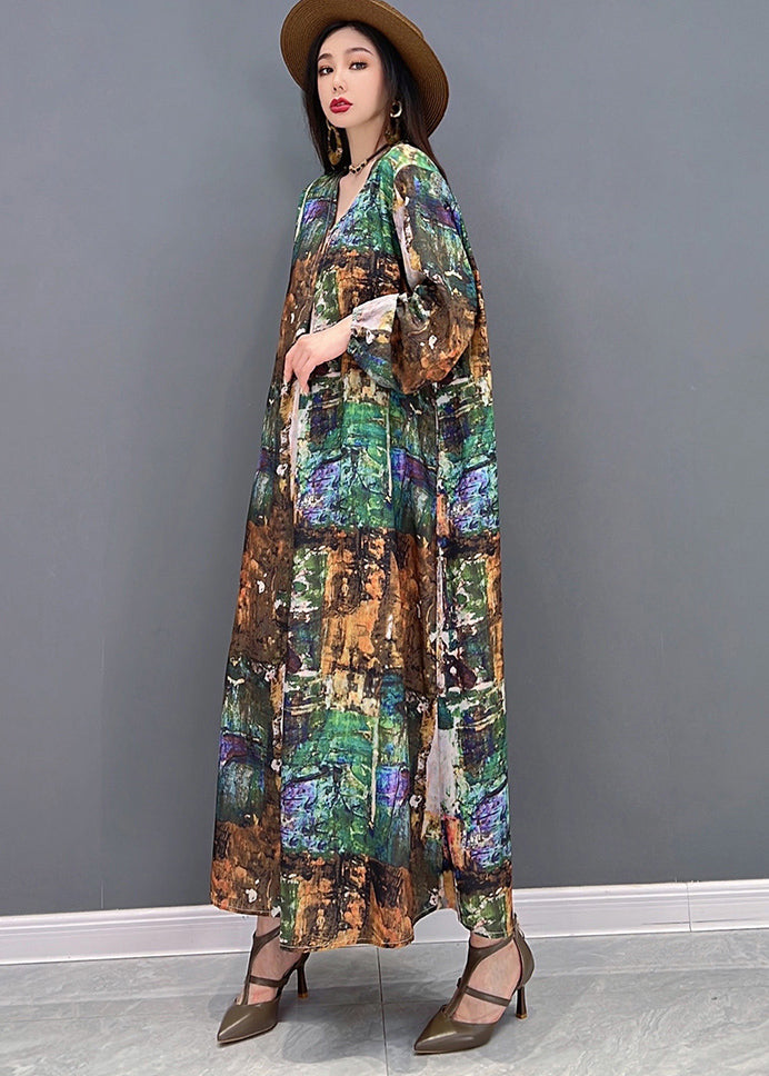 Plus Size Colorblock V Neck Print Tie Waist Chiffon Holiday Dress Long Sleeve