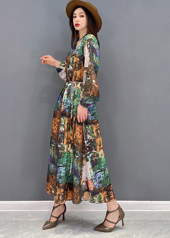 Plus Size Colorblock V Neck Print Tie Waist Chiffon Holiday Dress Long Sleeve