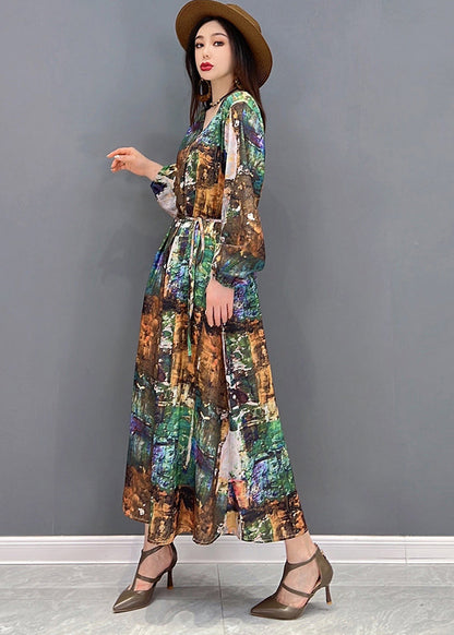 Plus Size Colorblock V Neck Print Tie Waist Chiffon Holiday Dress Long Sleeve