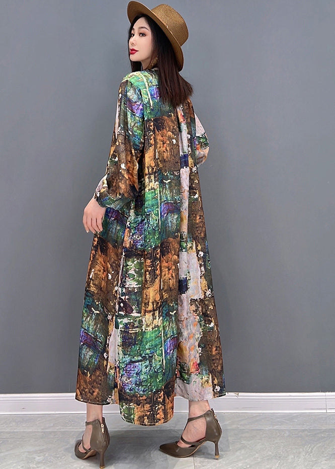 Plus Size Colorblock V Neck Print Tie Waist Chiffon Holiday Dress Long Sleeve