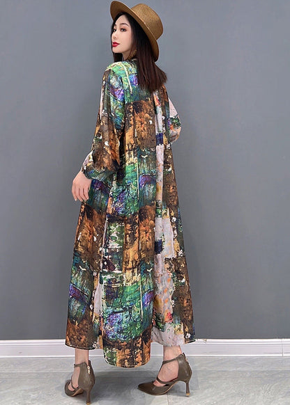 Plus Size Colorblock V Neck Print Tie Waist Chiffon Holiday Dress Long Sleeve