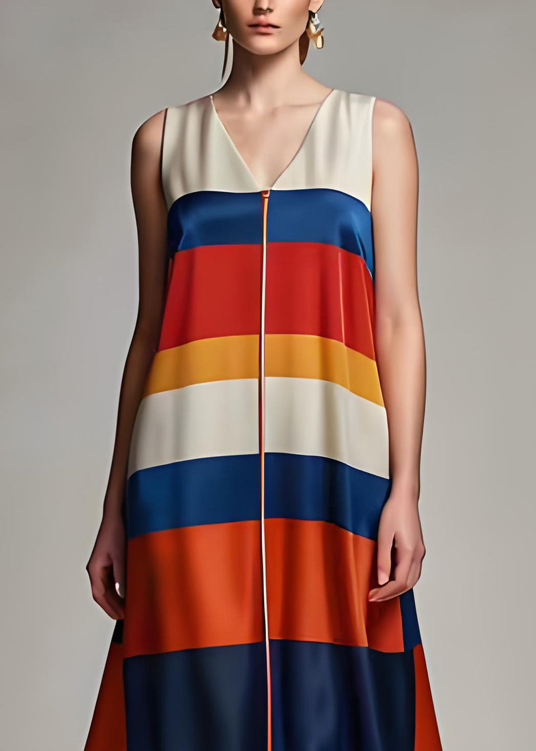 Plus Size Colorblock V Neck Striped Silk Dresses Sleeveless