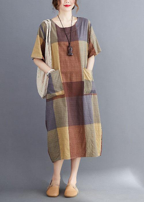 Plus Size Corron Linen Red O Neck Plaid Summer Maxi Dresses - SooLinen