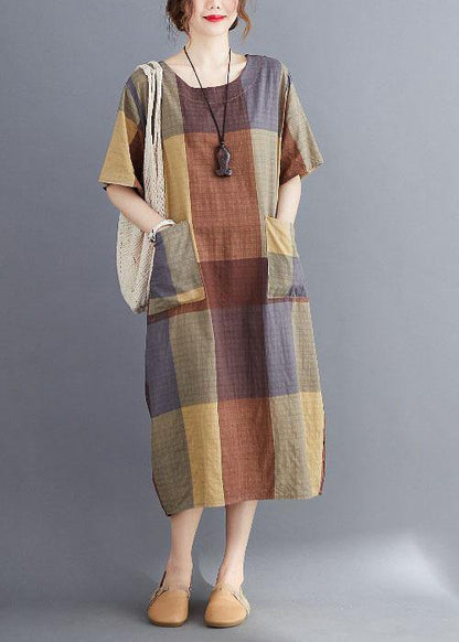 Plus Size Corron Linen Red O Neck Plaid Summer Maxi Dresses - SooLinen