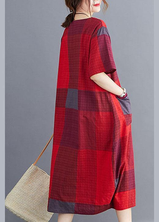 Plus Size Corron Linen Red O Neck Plaid Summer Maxi Dresses - SooLinen