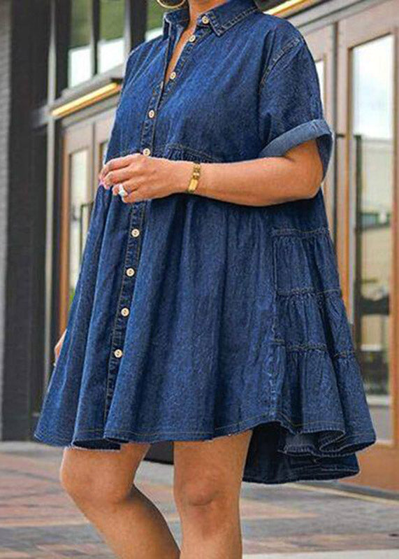 Plus Size Dark Blue Peter Pan Collar Patchwork Mid Dresses Short Sleeve