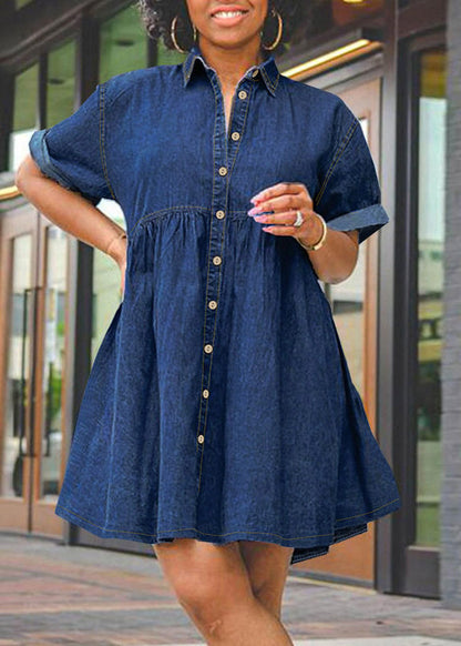 Plus Size Dark Blue Peter Pan Collar Patchwork Mid Dresses Short Sleeve