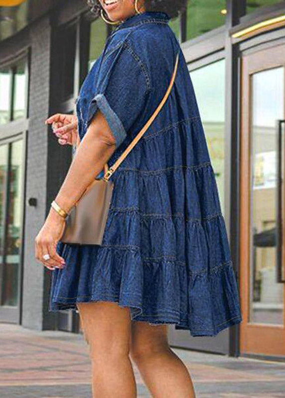 Plus Size Dark Blue Peter Pan Collar Patchwork Mid Dresses Short Sleeve