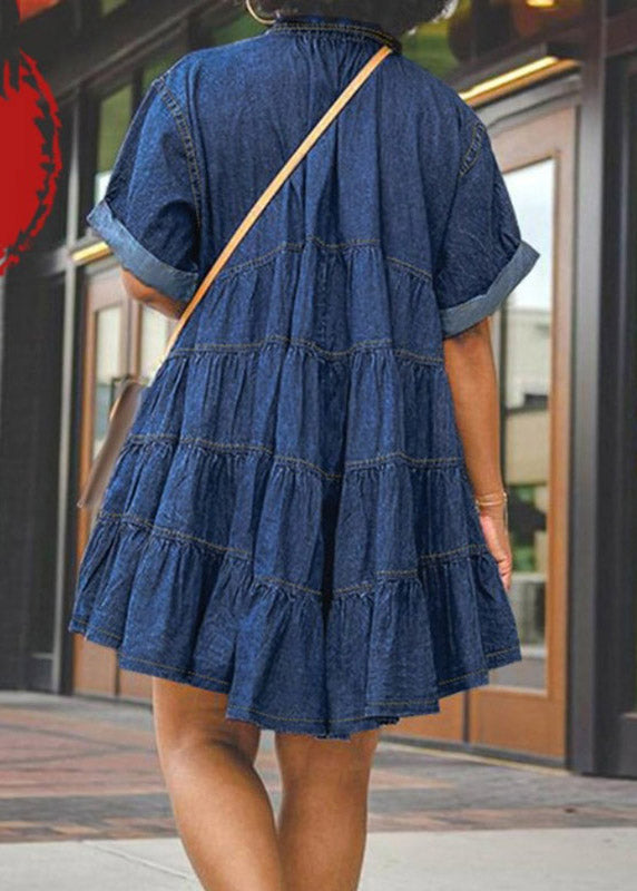 Plus Size Dark Blue Peter Pan Collar Patchwork Mid Dresses Short Sleeve