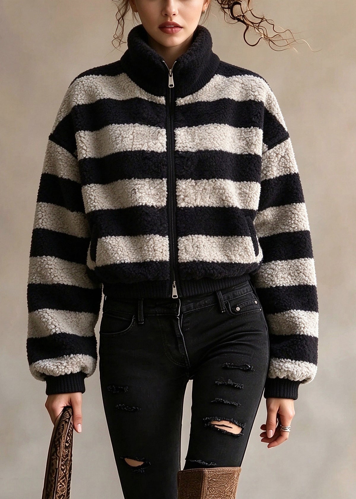 Plus Size Dark Grey Hign Neck Zippered Woolen Jackets Winter