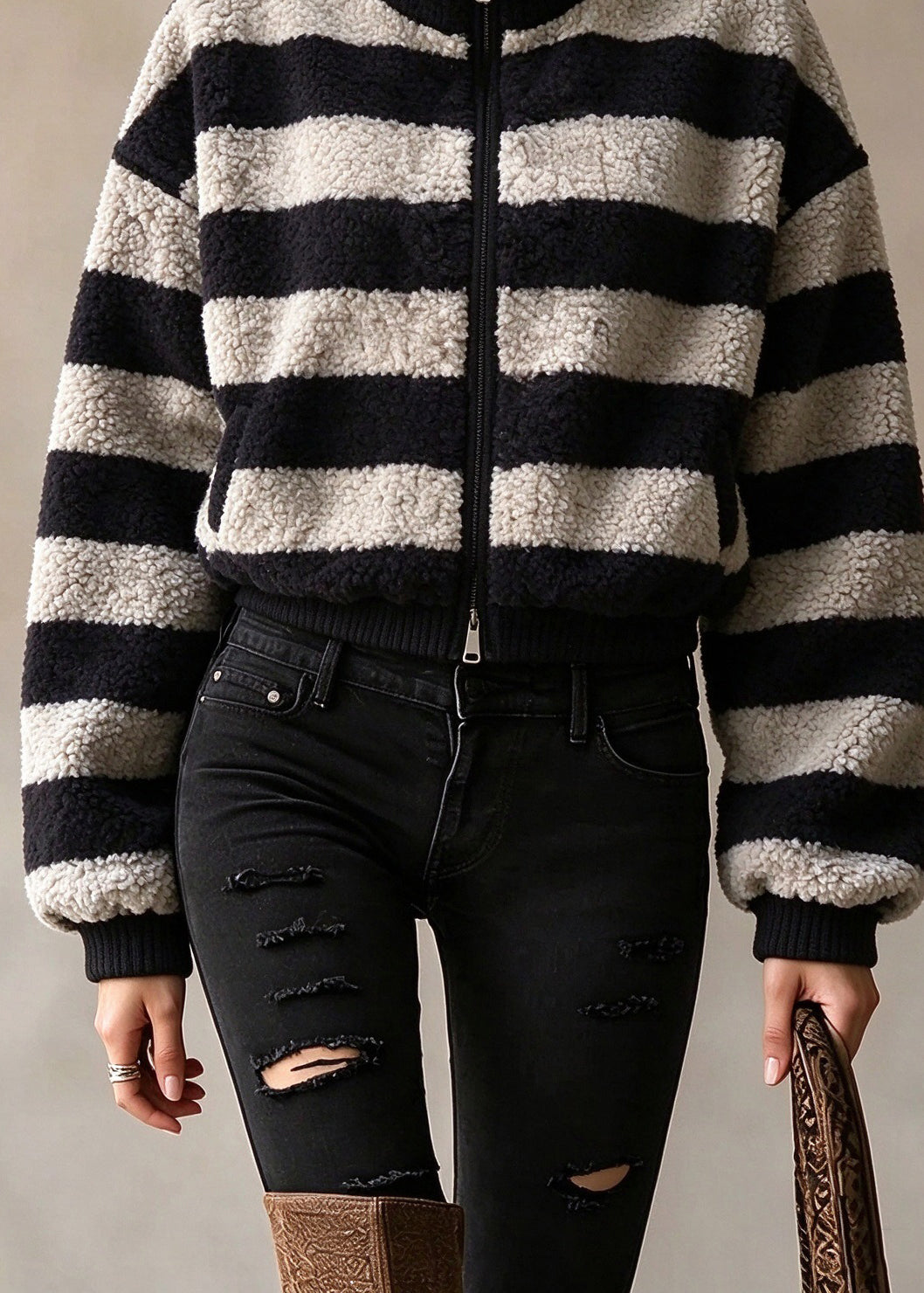 Plus Size Dark Grey Hign Neck Zippered Woolen Jackets Winter