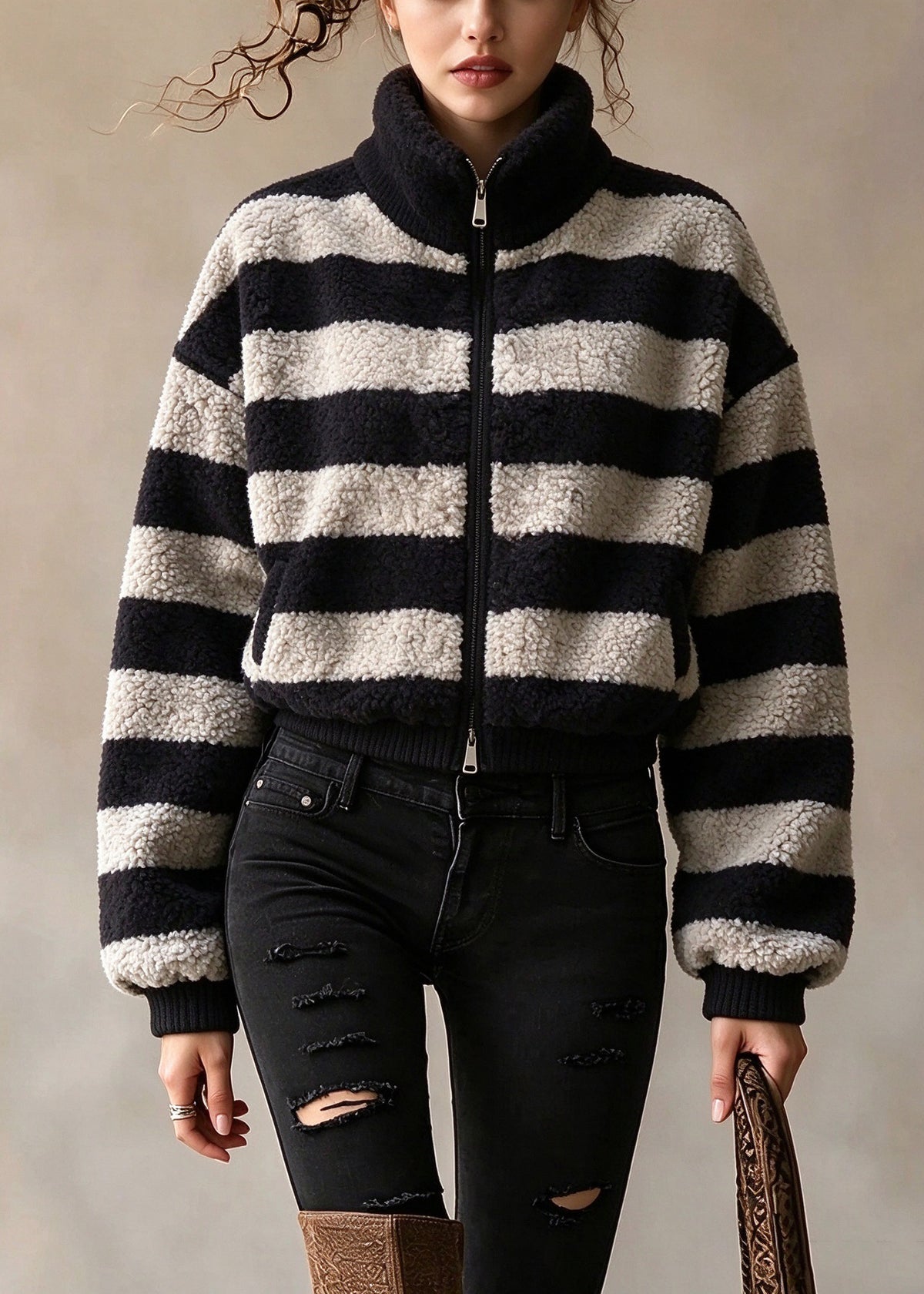 Plus Size Dark Grey Hign Neck Zippered Woolen Jackets Winter