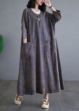 Load image into Gallery viewer, Plus Size Deep Purple O Neck Pockets Denim Long Dress Bracelet Sleeve