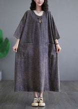 Load image into Gallery viewer, Plus Size Deep Purple O Neck Pockets Denim Long Dress Bracelet Sleeve