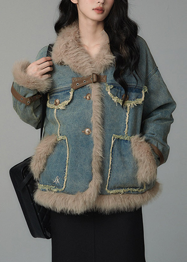 Plus Size Denim Blue Fluffy Pockets Patchwork Cotton Filled Parkas Winter