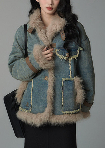 Plus Size Denim Blue Fluffy Pockets Patchwork Cotton Filled Parkas Winter