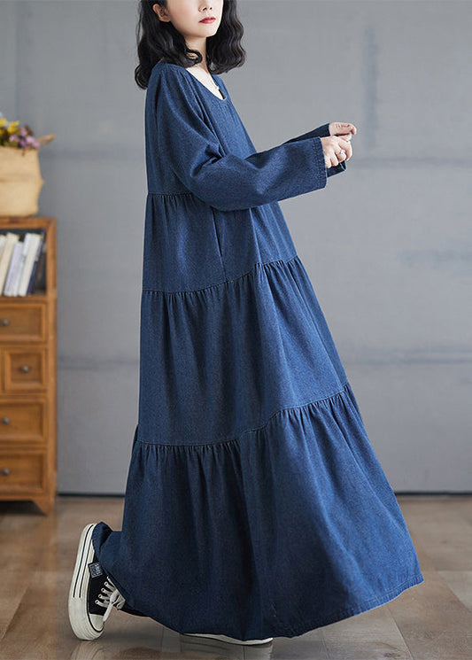 Plus Size Denim Blue O-Neck Wrinkled Patchwork Long Dresses Fall