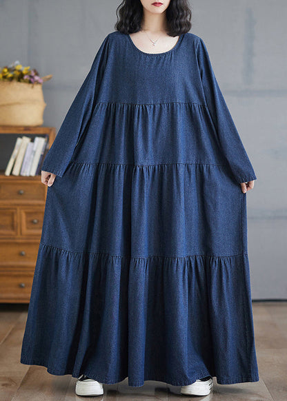 Plus Size Denim Blue O-Neck Wrinkled Patchwork Long Dresses Fall