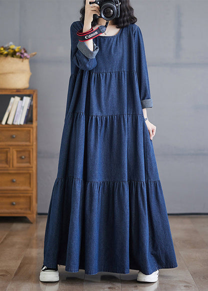 Plus Size Denim Blue O-Neck Wrinkled Patchwork Long Dresses Fall