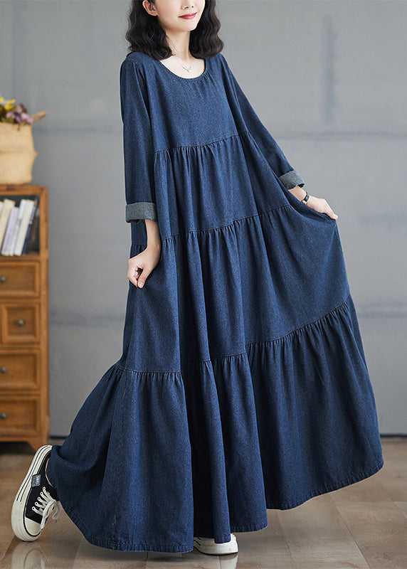 Plus Size Denim Blue O-Neck Wrinkled Patchwork Long Dresses Fall