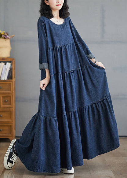 Plus Size Denim Blue O-Neck Wrinkled Patchwork Long Dresses Fall