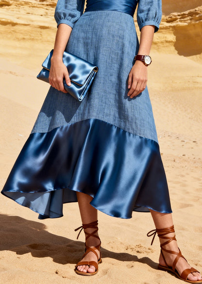Plus Size Denim Blue V Neck Patchwork Cotton Long Dresses Summer