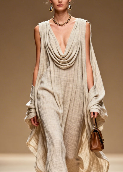 Plus Size Draped Neckline Floral Patchwork Linen Dress Summer