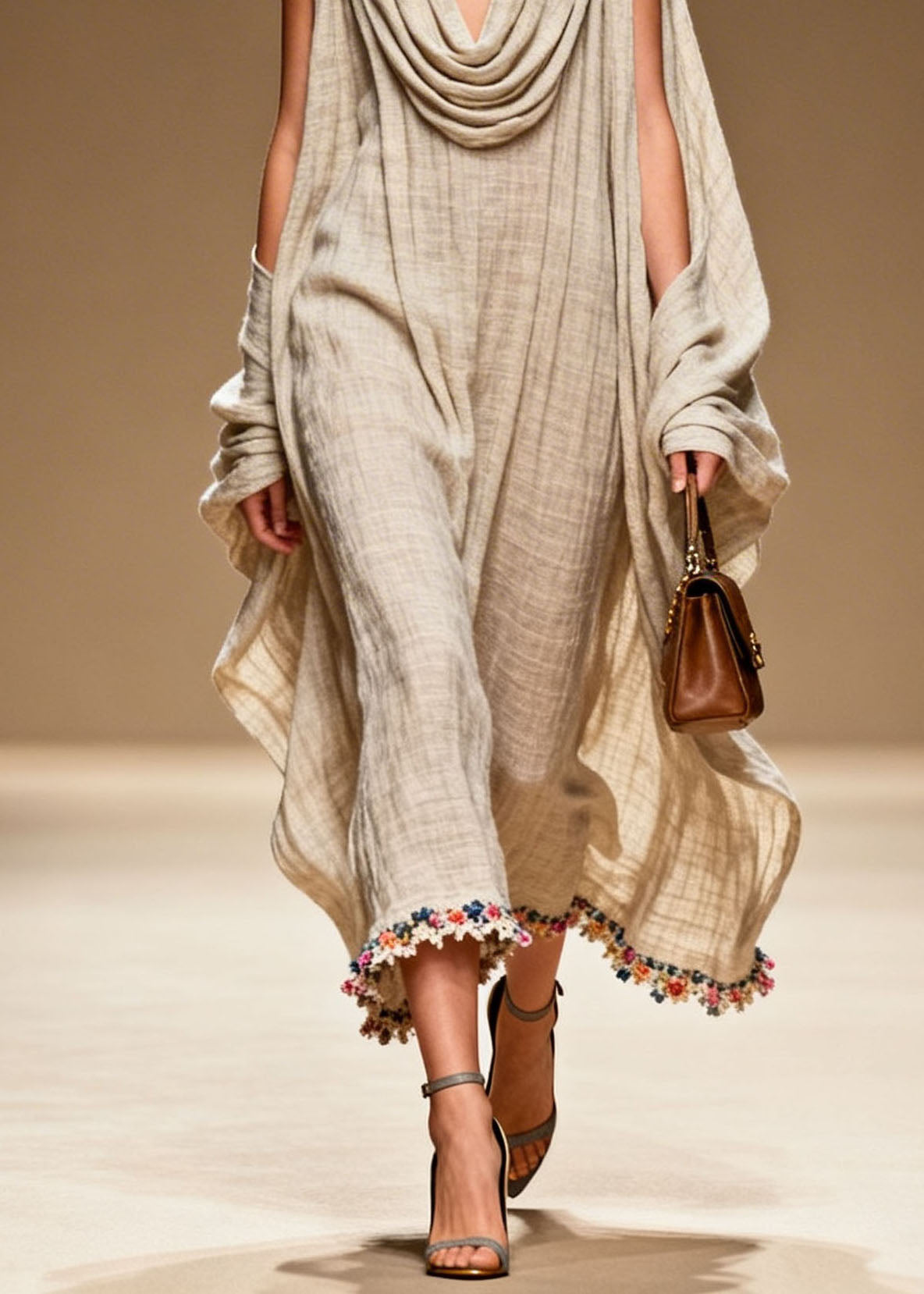 Plus Size Draped Neckline Floral Patchwork Linen Dress Summer