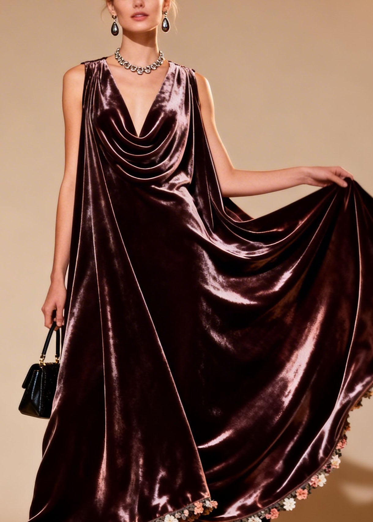 Plus Size Draped Neckline Floral Patchwork Velvet Dress Sleeveless