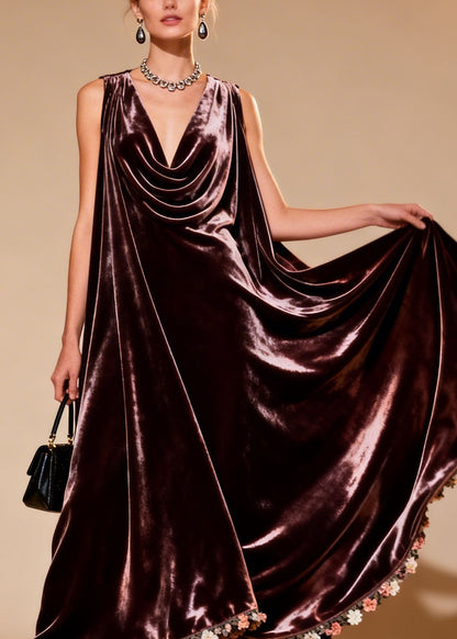 Plus Size Draped Neckline Floral Patchwork Velvet Dress Sleeveless