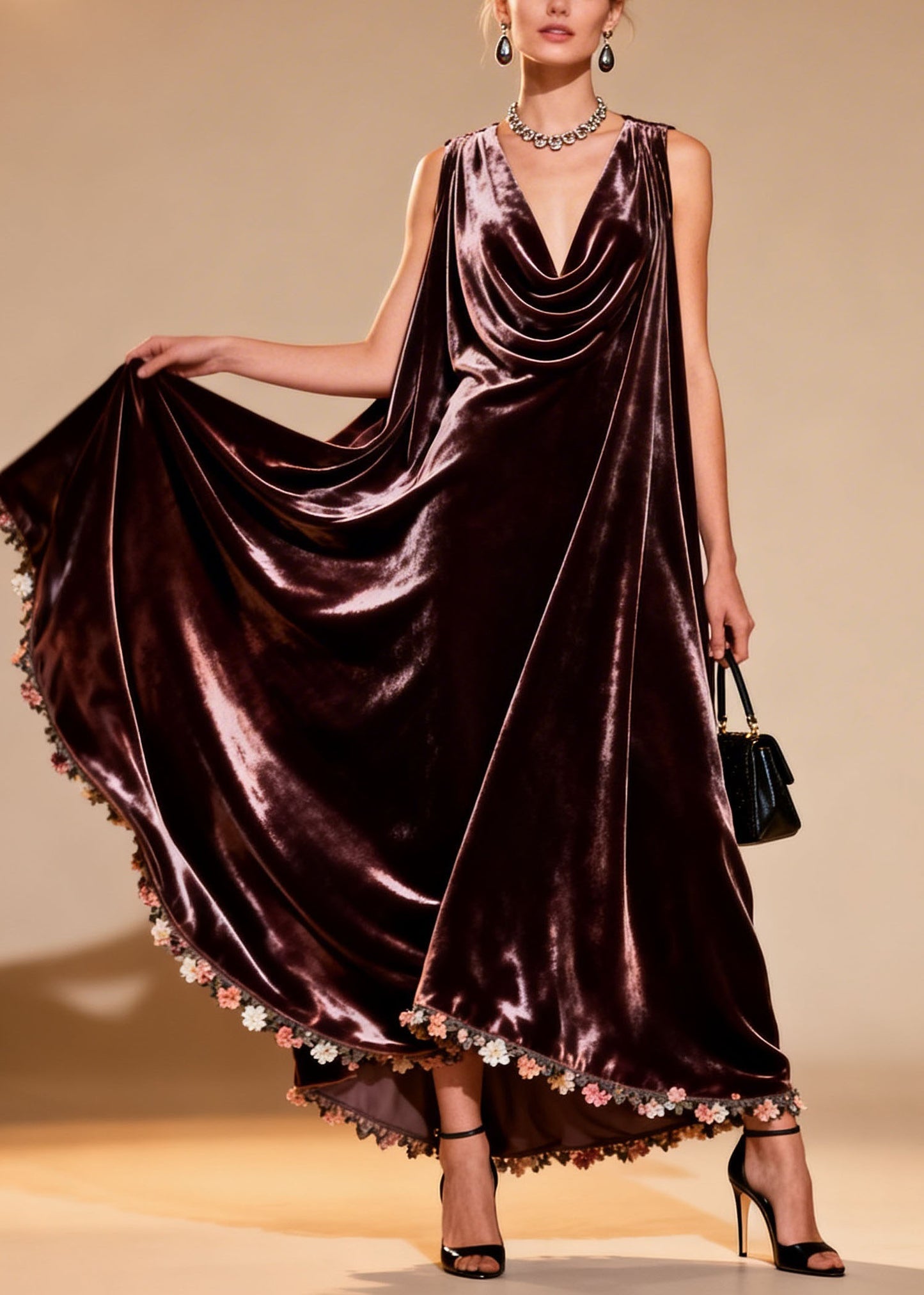Plus Size Draped Neckline Floral Patchwork Velvet Dress Sleeveless