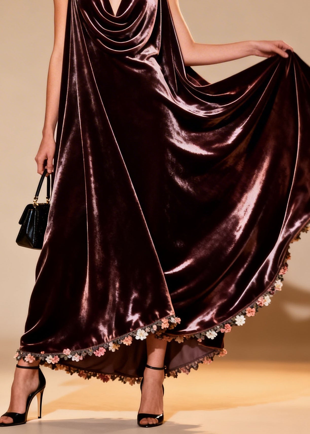 Plus Size Draped Neckline Floral Patchwork Velvet Dress Sleeveless
