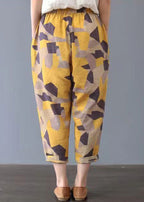 Plus Size Ethnic Style Black Printed Cotton Cropped Pants Summer