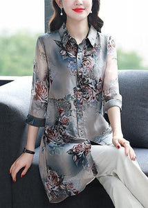 Plus Size Floral Peter Pan Collar Patchwork Chiffon Shirts Summer