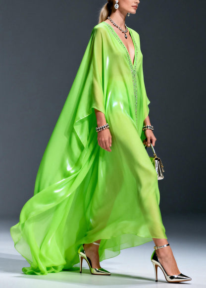 Plus Size Fluorescent Green V Neck Zircon Chiffon Long Dress Spring