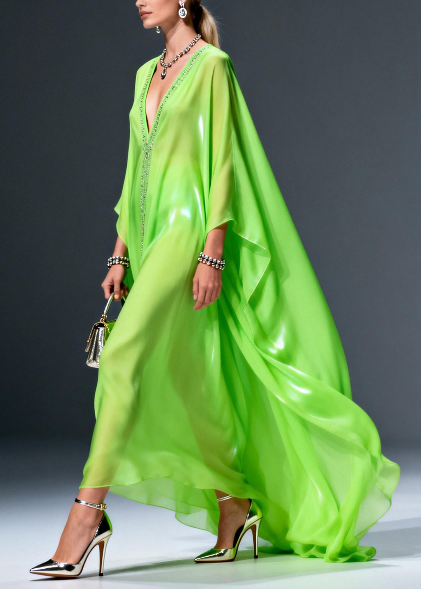 Plus Size Fluorescent Green V Neck Zircon Chiffon Long Dress Spring