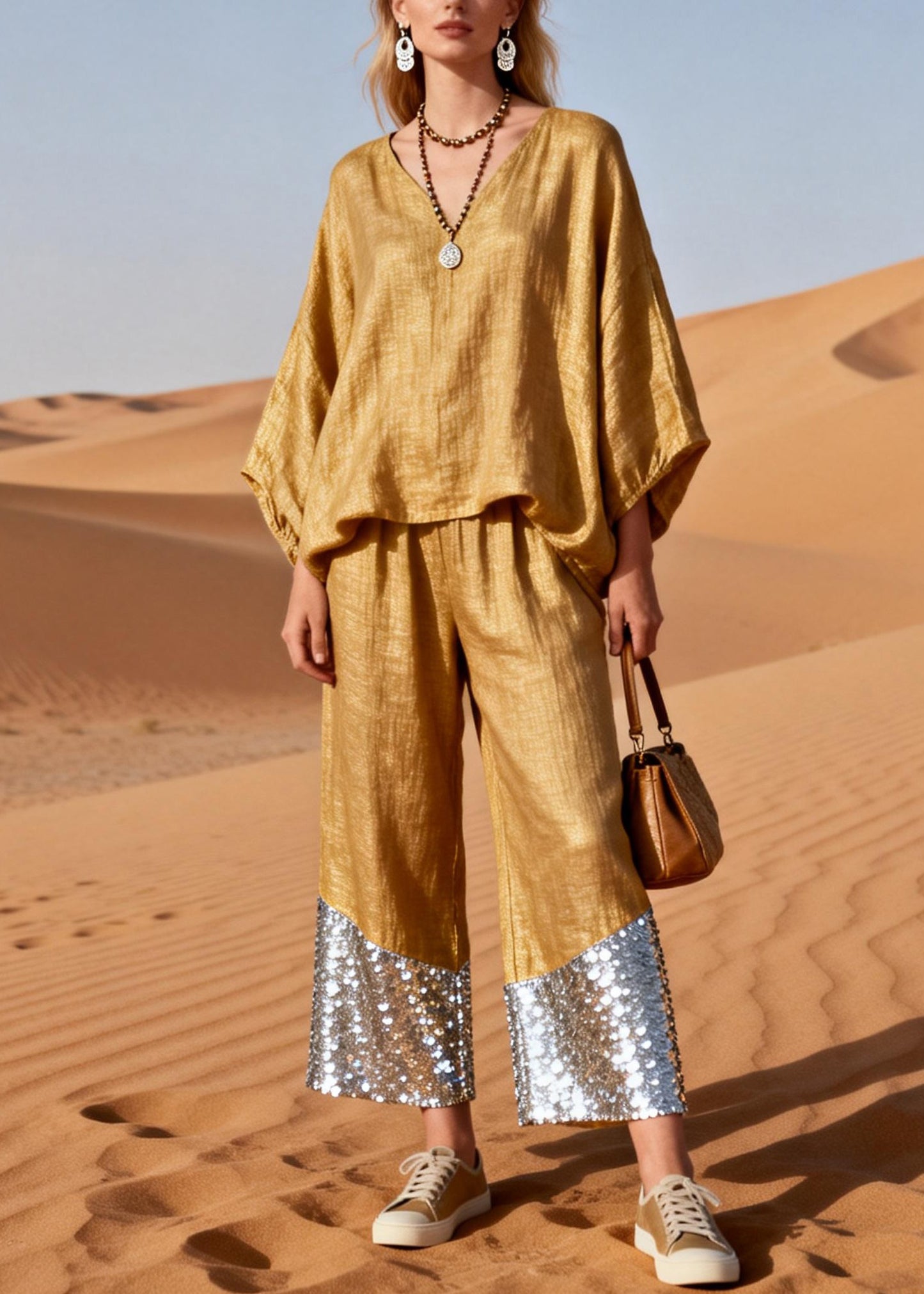Plus Size Gold V Neck Sequins Patchwork Oversized Linen Two Piece Set Spring