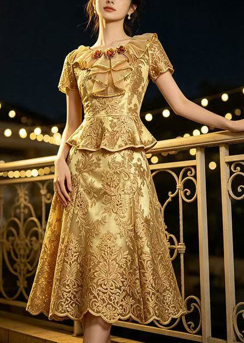 Plus Size Golden Embroidered Floral Lace Two Pieces Set Summer