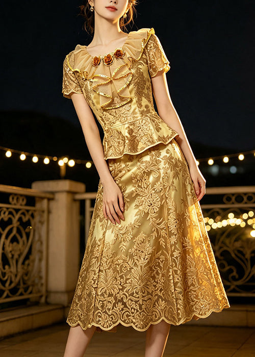 Plus Size Golden Embroidered Floral Lace Two Pieces Set Summer