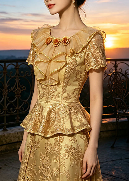 Plus Size Golden Embroidered Floral Lace Two Pieces Set Summer