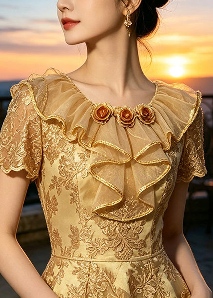 Plus Size Golden Embroidered Floral Lace Two Pieces Set Summer