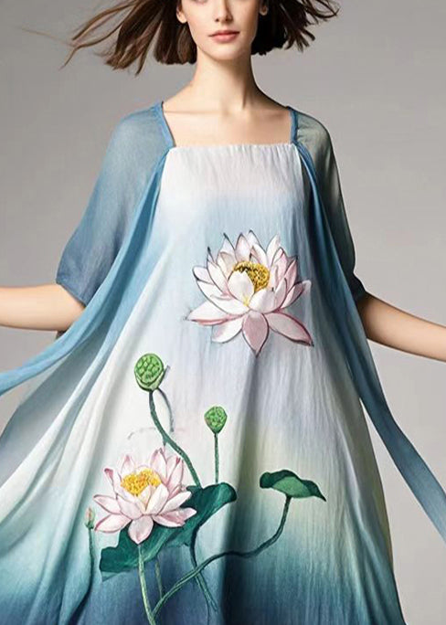 Plus Size Gradient Color Lotus Print Cotton A Line Dress Summer