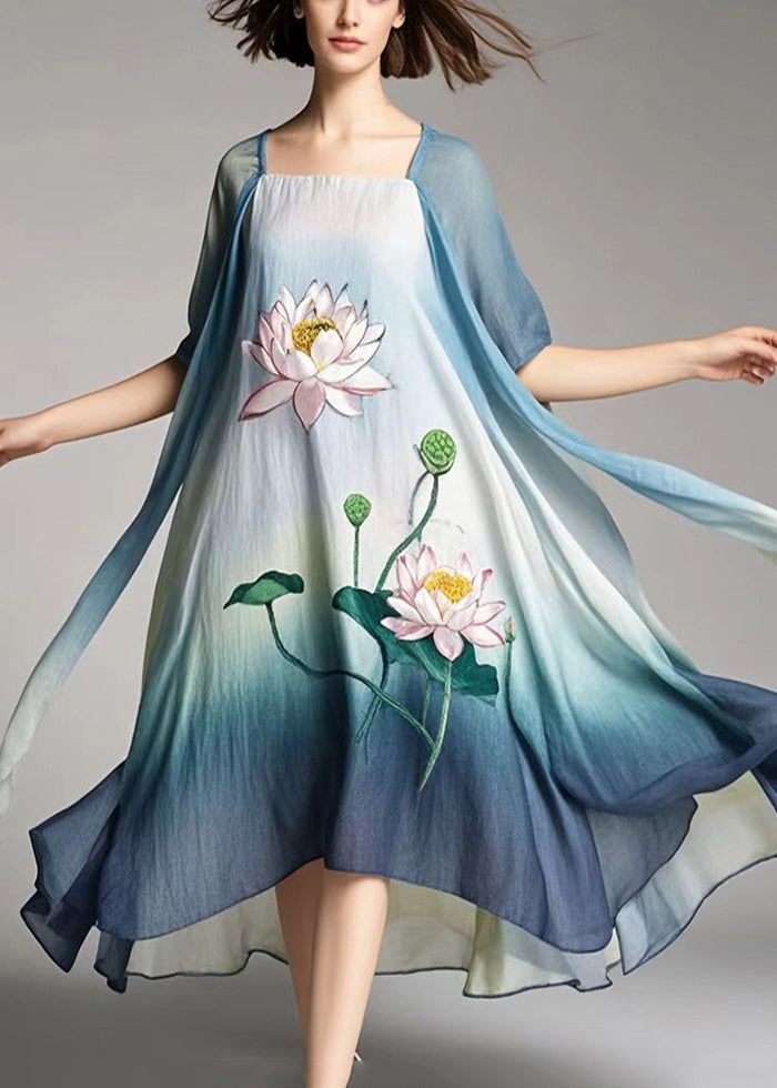 Plus Size Gradient Color Lotus Print Cotton A Line Dress Summer