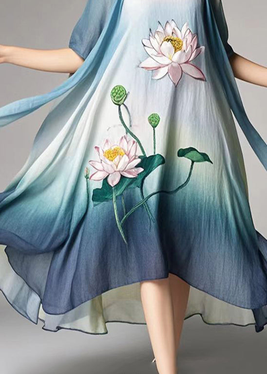 Plus Size Gradient Color Lotus Print Cotton A Line Dress Summer